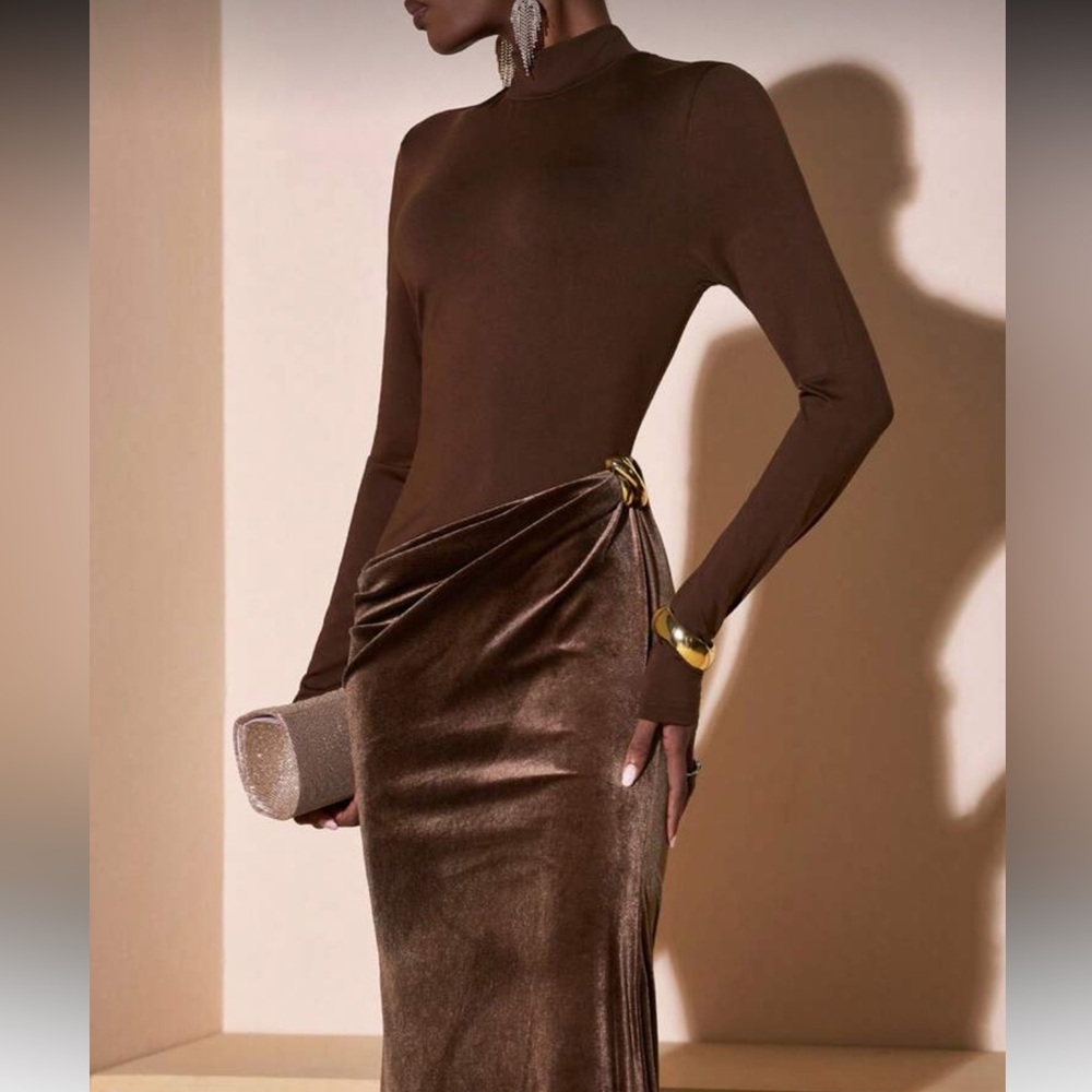 Brown velvet contrast drop waist midi fitted dress asymmetrical bodycon dress - Picture 5 of 6